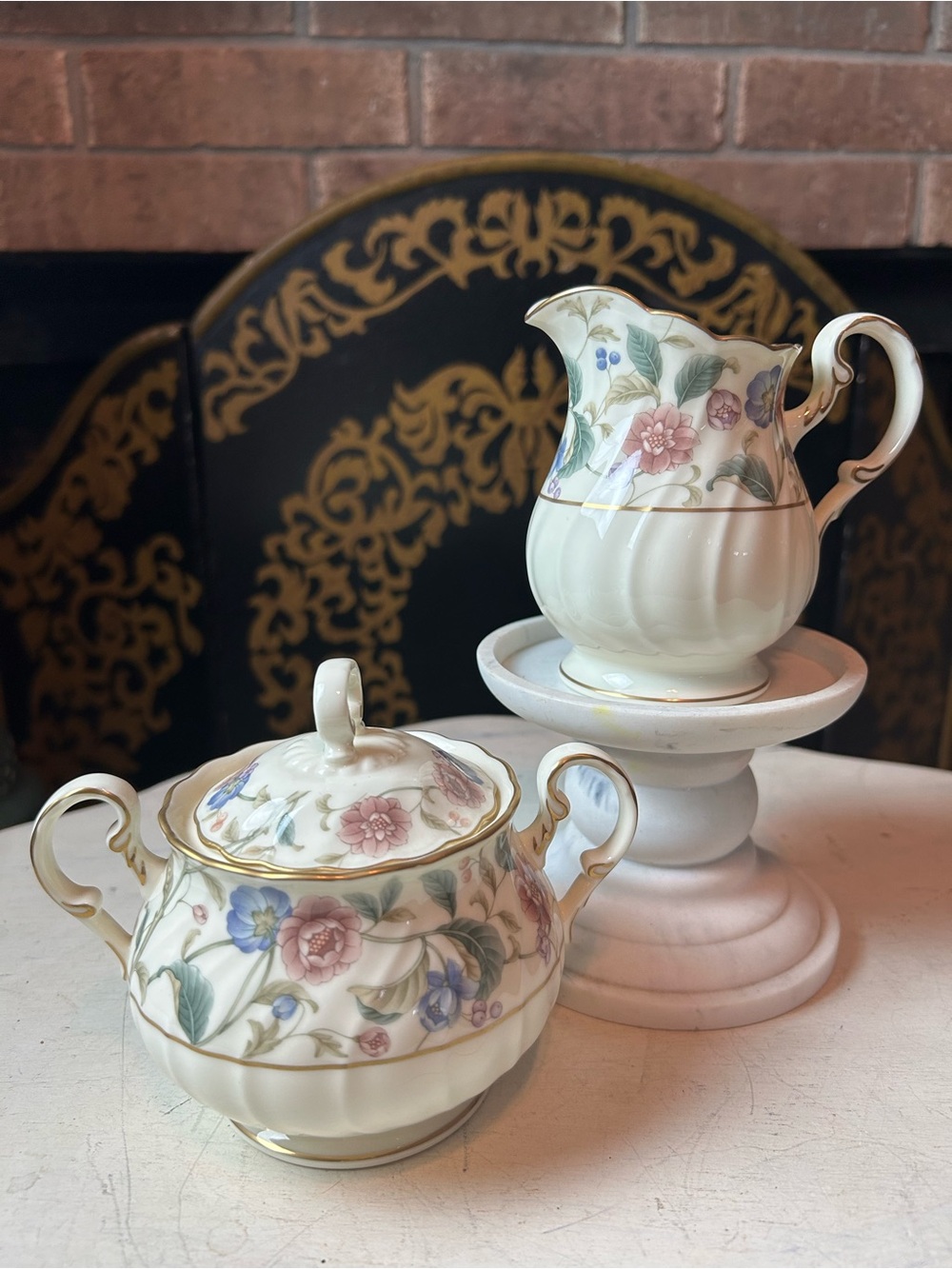 NORITAKE LA PRADA Sugar Bowl w/ Lid Creamer Bone China Set Floral Gold Trim 4703